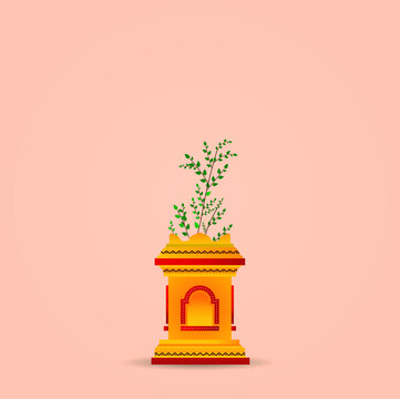 Vector Illustration Of Holy Basil Commonly Known As Tulsi And Its Base.