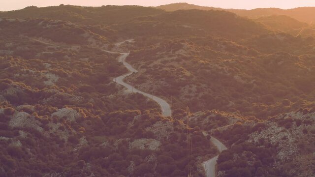 Sunset seen from Pantocrator mountain. Beautiful landscape of Corfu Mountains, Greece.