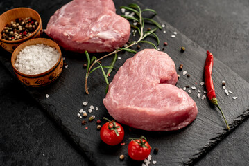 two raw pork steaks in the shape of a heart with spices for Valentine's Day on a stone background