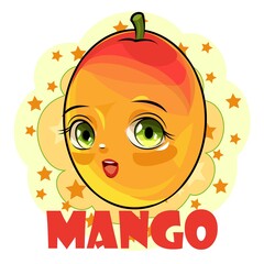 Mango fruits on an abstract background. Face. Inscription. Isolated object on white. Ripe. Cartoon flat style. Illustration. Smile. Vector