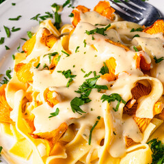 Tagliatelle with fresh chanterelles in a mushroom sauce