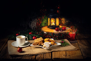 Different types of biscuits with rustic Christmas decorations