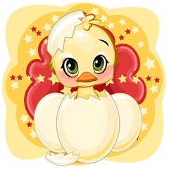 A little duckling hatched from an egg. Funny chick. Cute and funny baby bird. The isolated object on a white background. Illustration. Cartoon style. Vector
