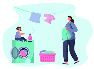 Woman With Child Washing Clothes in Washing Machine.Home Household and Wash Clothes.Domestic Work.Putting Clothes in Washing Machine.Every Day Housework Routine.Flat Vector Illustration