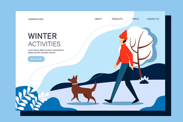 Man walking with the dog in the park. Landing page template. Vector winter illustration in flat style.