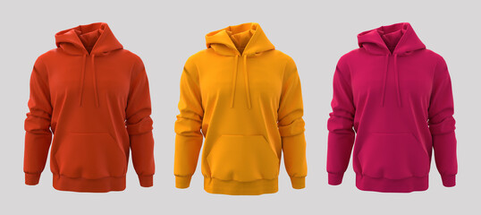 Blank hooded sweatshirt mockup for print, isolated on white background, 3d rendering, 3d illustration