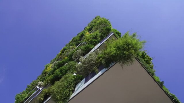 Grattacielo denominato bosco verticale a Milano.
Ripresa dal basso
