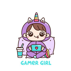 Сute girl in unicorn pajamas with console or phone playing video games. Vector cartoon illustration isolated on white background.