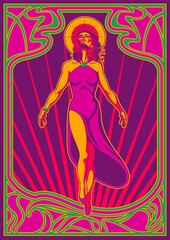 Flying Woman, Goddess Poster, Art Nouveau Frame, Psychedelic Colors
