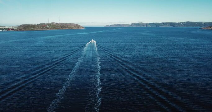 Aerial view of boat in Barents Sea. High quality 4k footage