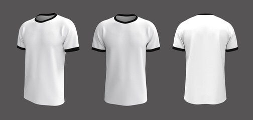 men's short-sleeve t-shirt mockup in front, side and back views, design presentation for print, 3d illustration, 3d rendering