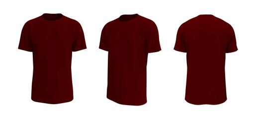 men's short-sleeve t-shirt mockup in front, side and back views, design presentation for print, 3d illustration, 3d rendering