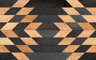Rough black and brown wooden wall with symmetry geometric pattern. Wood texture background. 