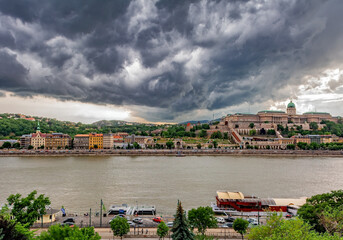 Fototapeta na wymiar View of Royal Castle with the Royal Gardens and the Castle Garden Bazaar at dusk,before storm,in Budapest,Hungary.