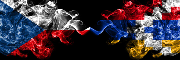 Czech Republic, Czech vs Artsakh, Artsakhtsi, Nagorno Karabakh smoky mystic flags placed side by side. Thick colored silky abstract smoke flags.