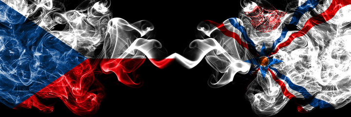 Czech Republic, Czech vs Assyria smoky mystic flags placed side by side. Thick colored silky abstract smoke flags.