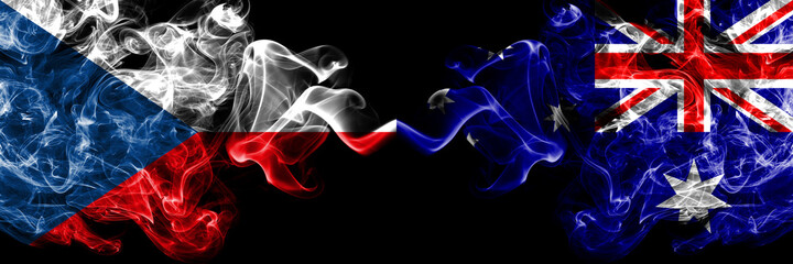 Czech Republic, Czech vs Australia, Australian smoky mystic flags placed side by side. Thick colored silky abstract smoke flags.