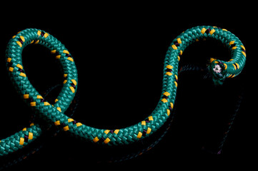 Green rope coiled against a reflective black background. 