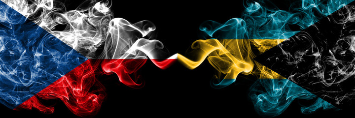 Czech Republic, Czech vs Bahamas, Bahamian smoky mystic flags placed side by side. Thick colored silky abstract smoke flags.