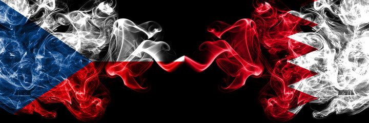 Fototapeta premium Czech Republic, Czech vs Bahrain, Bahraini smoky mystic flags placed side by side. Thick colored silky abstract smoke flags.