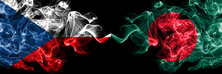 Czech Republic, Czech vs Bangladesh, Bangladeshi smoky mystic flags placed side by side. Thick colored silky abstract smoke flags.