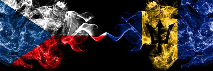 Czech Republic, Czech vs Barbados, Barbadian smoky mystic flags placed side by side. Thick colored silky abstract smoke flags.