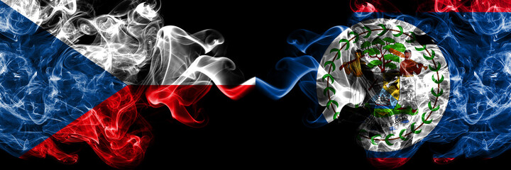 Czech Republic, Czech vs Belize, Belizean smoky mystic flags placed side by side. Thick colored silky abstract smoke flags.