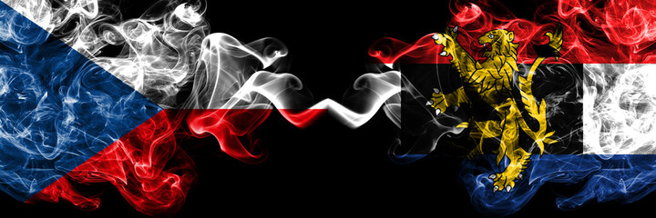 Czech Republic, Czech vs Benelux smoky mystic flags placed side by side. Thick colored silky abstract smoke flags.