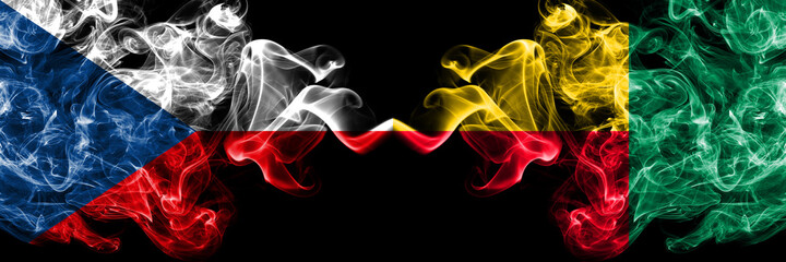 Czech Republic, Czech vs Benin, Beninese smoky mystic flags placed side by side. Thick colored silky abstract smoke flags.