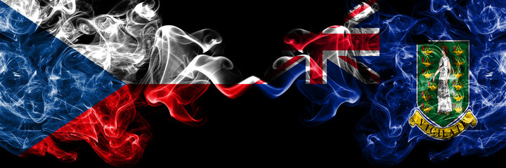 Czech Republic, Czech vs Britain, British Virgin Islands smoky mystic flags placed side by side. Thick colored silky abstract smoke flags.