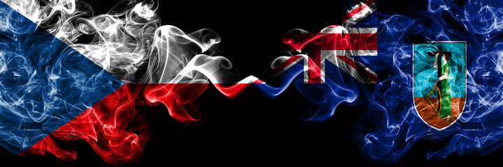 Czech Republic, Czech vs British, Britain Montserrat smoky mystic flags placed side by side. Thick colored silky abstract smoke flags.