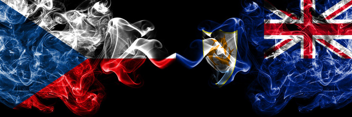 Czech Republic, Czech vs British, Britain, Anguilla smoky mystic flags placed side by side. Thick colored silky abstract smoke flags.