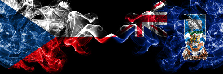 Czech Republic, Czech vs British, Britain, Falkland Islands smoky mystic flags placed side by side. Thick colored silky abstract smoke flags.
