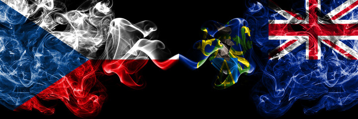 Czech Republic, Czech vs British, Britain, Pitcairn Islands smoky mystic flags placed side by side. Thick colored silky abstract smoke flags.