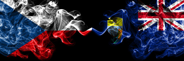 Czech Republic, Czech vs British, Britain, Saint Helena smoky mystic flags placed side by side. Thick colored silky abstract smoke flags.