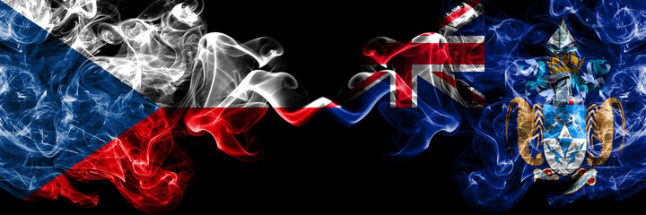 Czech Republic, Czech vs British, Britain, Tristan da Cunha smoky mystic flags placed side by side. Thick colored silky abstract smoke flags.