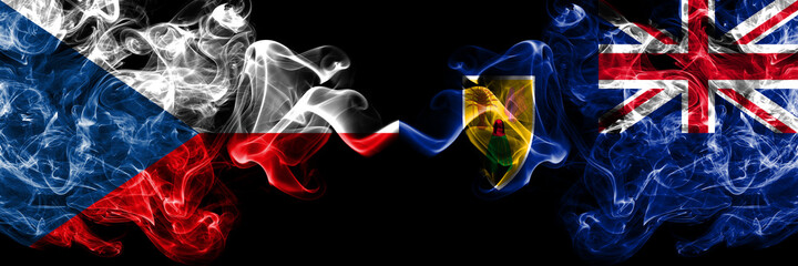 Czech Republic, Czech vs British, Britain, Turks and Caicos Islands smoky mystic flags placed side by side. Thick colored silky abstract smoke flags.