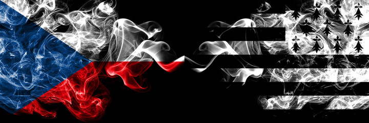 Czech Republic, Czech vs Brittany, Bretagne, Bretons smoky mystic flags placed side by side. Thick colored silky abstract smoke flags.