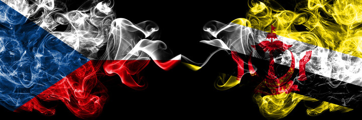 Czech Republic, Czech vs Brunei, Bruneian smoky mystic flags placed side by side. Thick colored silky abstract smoke flags.
