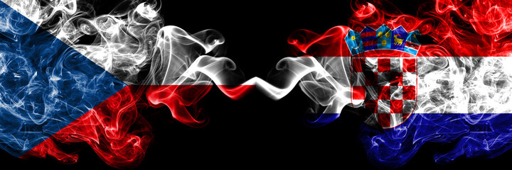 Czech Republic, Czech vs Croatia, Croatian smoky mystic flags placed side by side. Thick colored silky abstract smoke flags.
