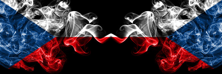 Czech Republic, Czech vs Czech Republic smoky mystic flags placed side by side. Thick colored silky abstract smoke flags.