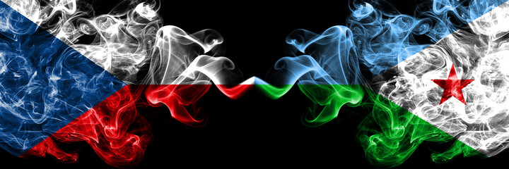 Czech Republic, Czech vs Djibouti, Djiboutian smoky mystic flags placed side by side. Thick colored silky abstract smoke flags.