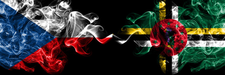 Czech Republic, Czech vs Dominica, Dominican smoky mystic flags placed side by side. Thick colored silky abstract smoke flags.