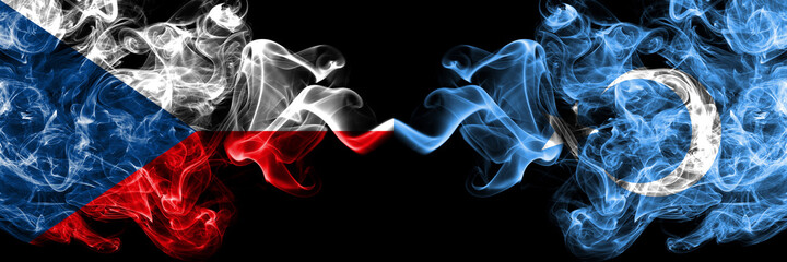 Obraz premium Czech Republic, Czech vs East Turkestan, Uyghurs, Uyghur smoky mystic flags placed side by side. Thick colored silky abstract smoke flags.