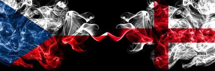 Czech Republic, Czech vs England, English smoky mystic flags placed side by side. Thick colored silky abstract smoke flags.