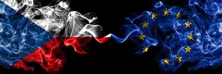 Czech Republic, Czech vs Europe, European, European Union smoky mystic flags placed side by side. Thick colored silky abstract smoke flags.