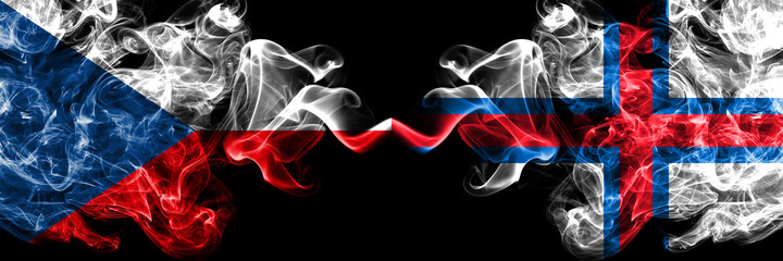 Czech Republic, Czech vs Faroe Islands, Faroese smoky mystic flags placed side by side. Thick colored silky abstract smoke flags.