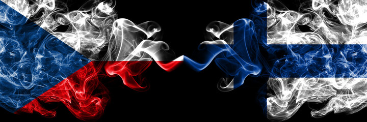 Czech Republic, Czech vs Finland, Finnish smoky mystic flags placed side by side. Thick colored silky abstract smoke flags.
