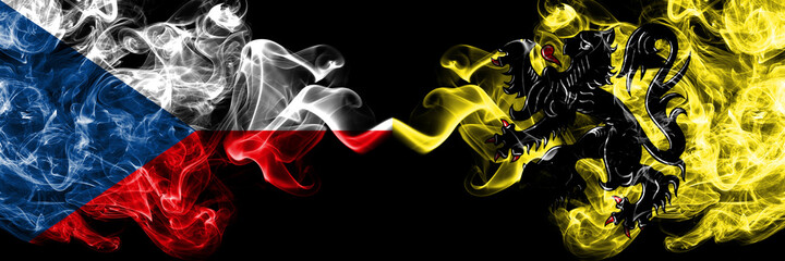 Czech Republic, Czech vs Flanders, Flemish smoky mystic flags placed side by side. Thick colored silky abstract smoke flags.