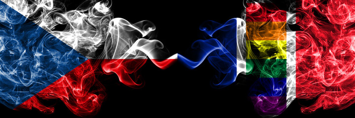 Czech Republic, Czech vs France Gay flag smoky mystic flags placed side by side. Thick colored silky abstract smoke flags.
